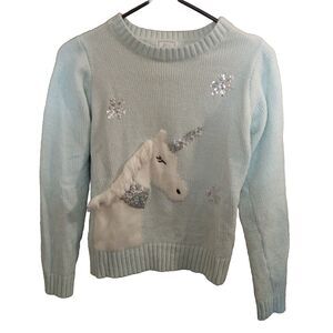 Girls Medium (10/12) Unicorn Sparkly Chenille Sweater Pastel Blue & Silver Sequi